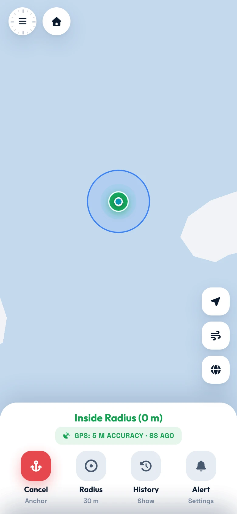 SafeBoat anchor alarm at Coco Bandero, San Blas: the anchor, the 30 metre radius and the boat inside it