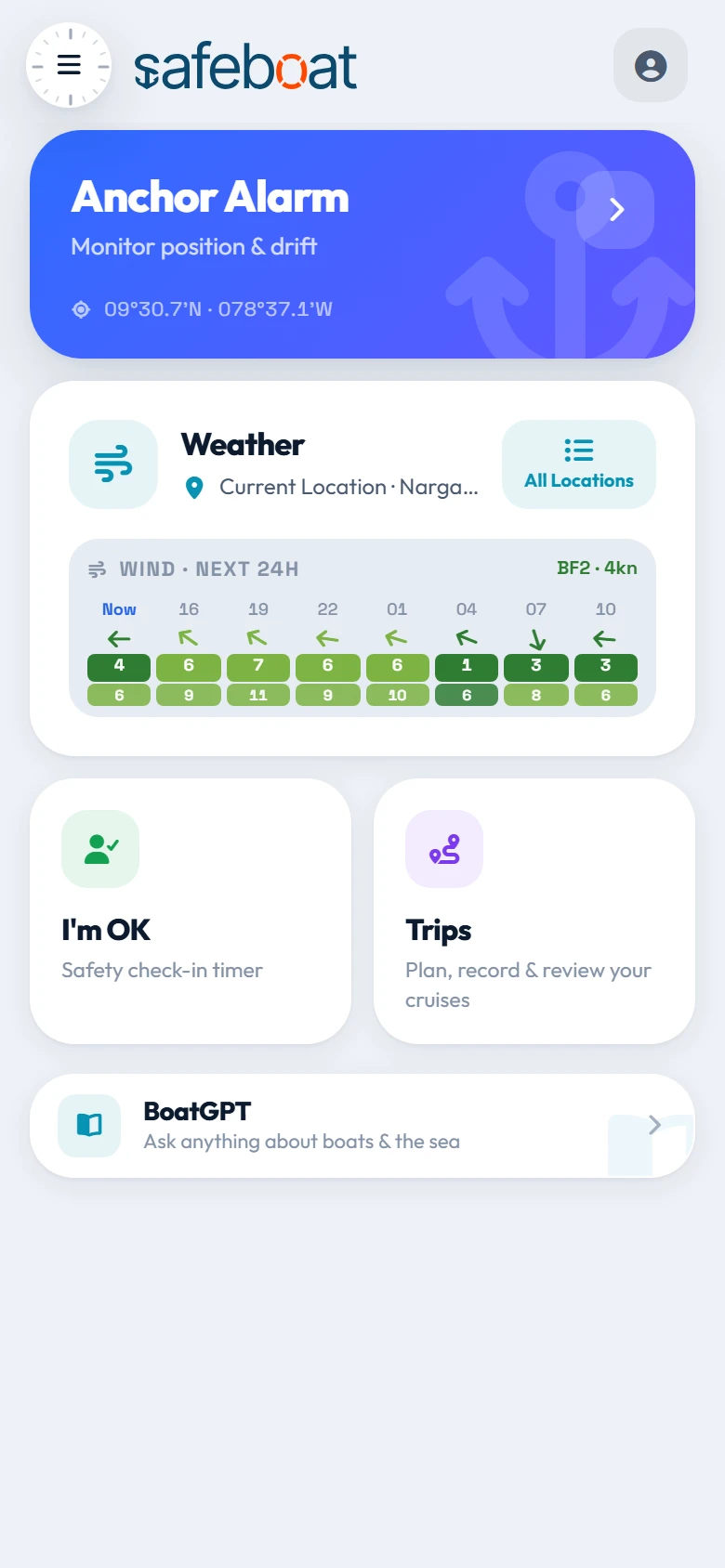 SafeBoat home screen: anchor alarm, the next 24 hours of wind, I’m OK, trips and BoatGPT