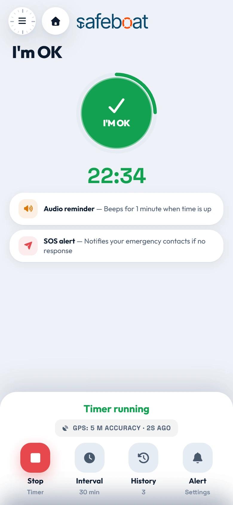 SafeBoat I’m OK: the check-in button inside its countdown ring