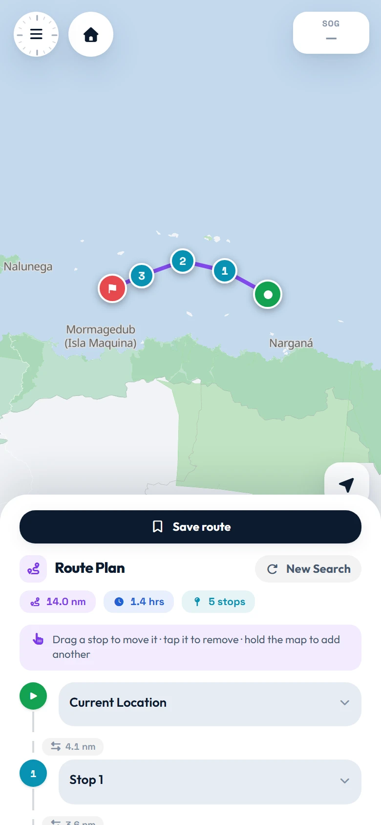 SafeBoat route planner: a five stop passage through the San Blas cays with distance and time